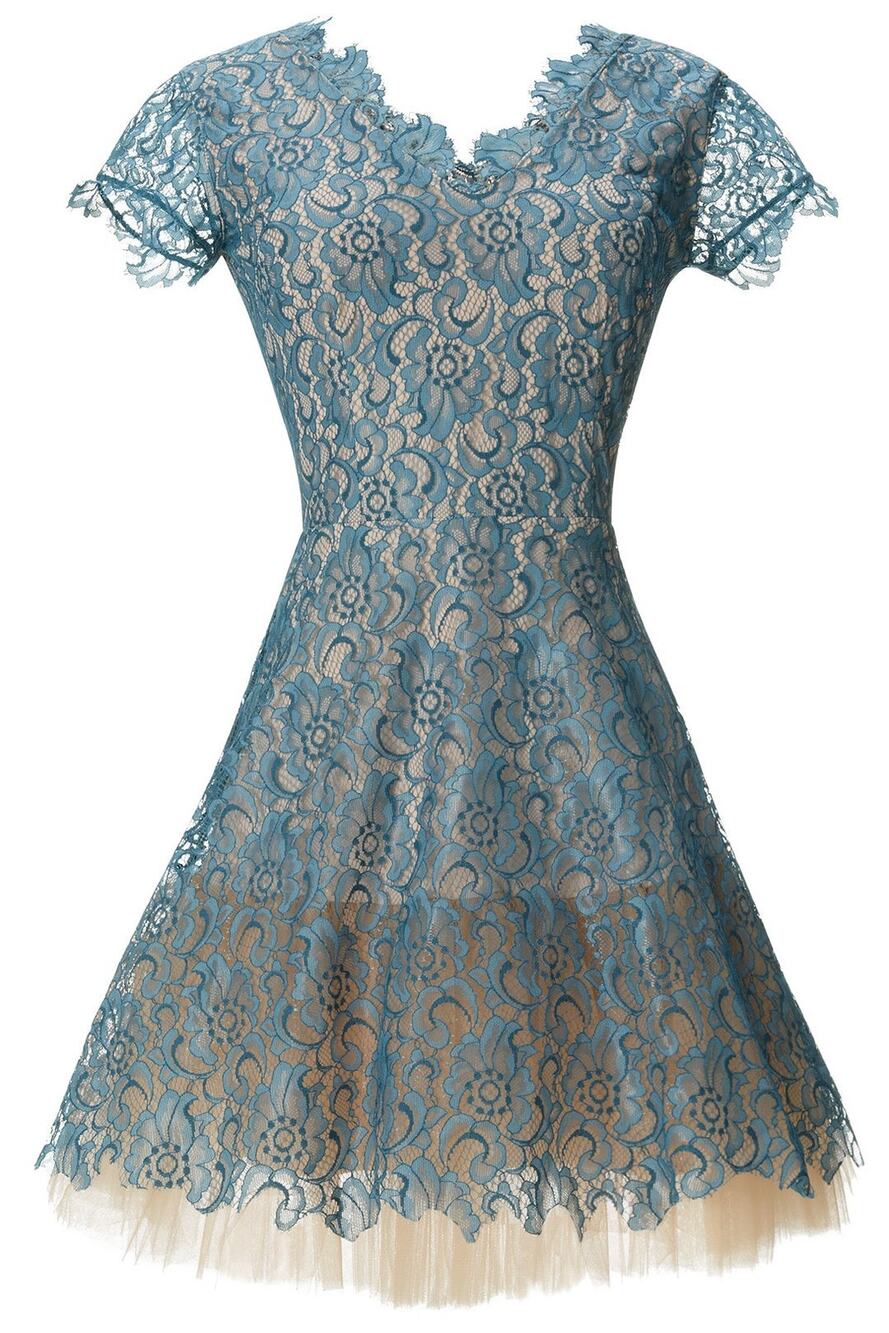 nha khanh On Cloud Nine Teal Blue Lace Tulle Cap Sleeve V-Neck Mini Dress Sz 10